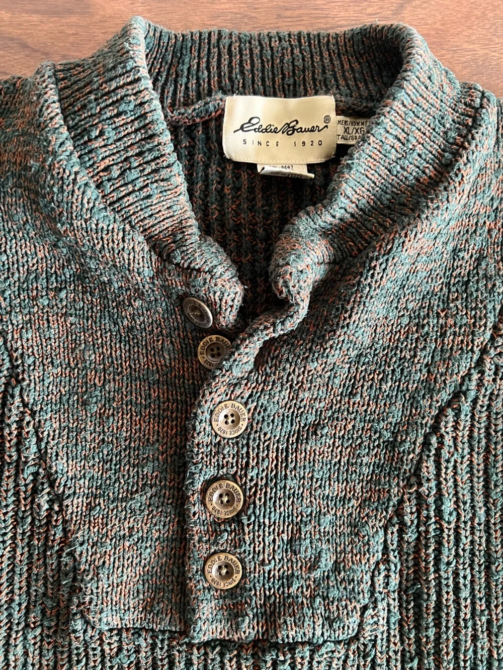 Vintage Eddie Bauer Mens XLT Henley Sweater Green Brown Marled Cotton Fisherman